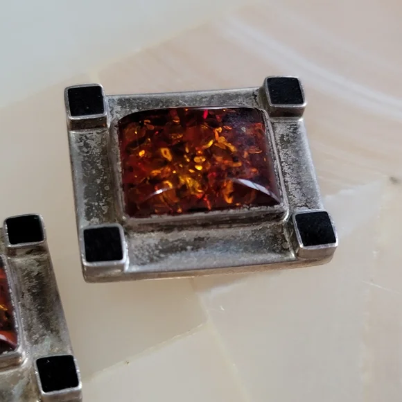 Sterling Silver Vintage LB Baltic Amber .925 Clip On Earrings - Picture 4 of 10